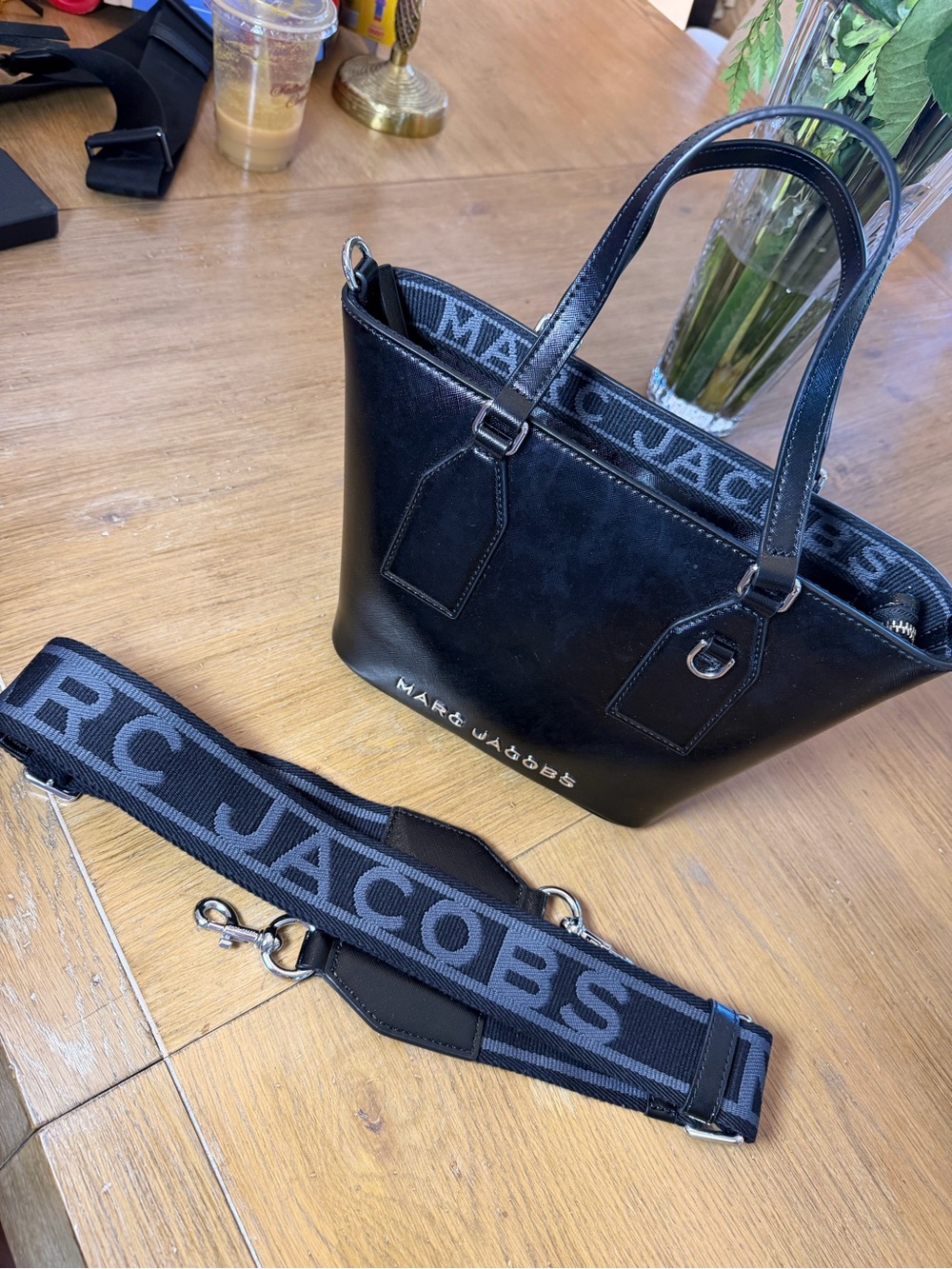Marc Jacobs Black Leather Messenger Bag with Gray Branded Strap